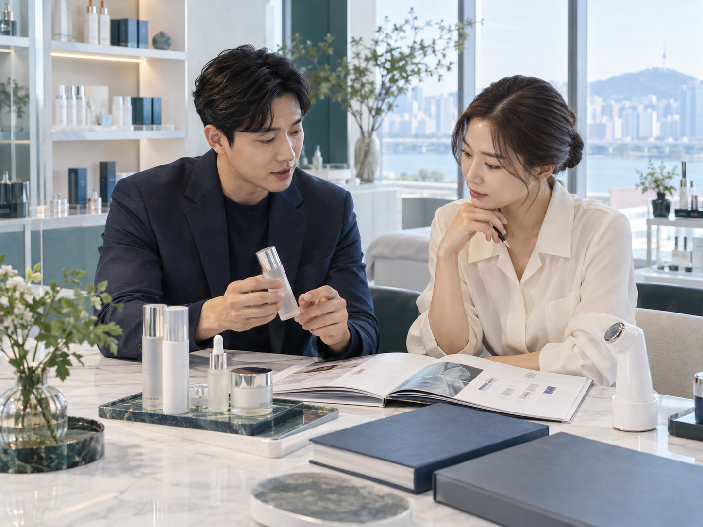 에스테틱 화장품과 미용기기 자료를 함께 검토하는 피부샵 제품 상담 현장